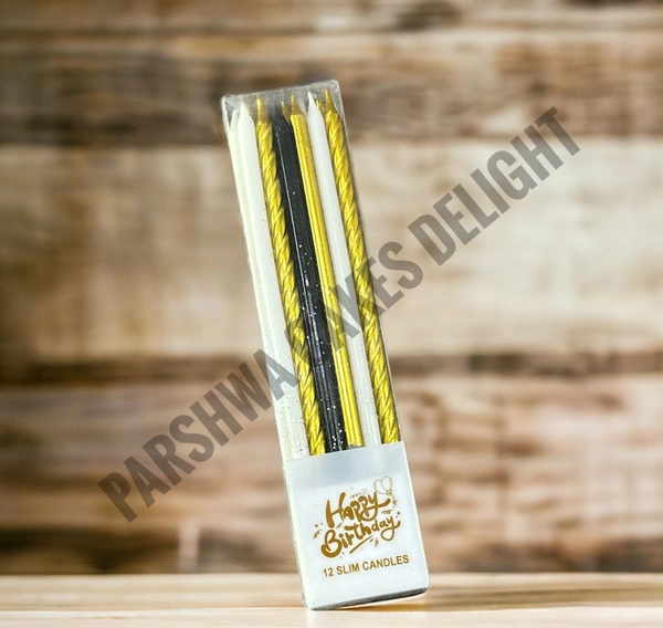 Long Candle  - Gold - Black, 12 Pcs Pack