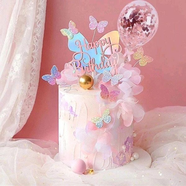 Gradient Butterfly Happy Birthday Cake Topper - Pink, 1 Pc