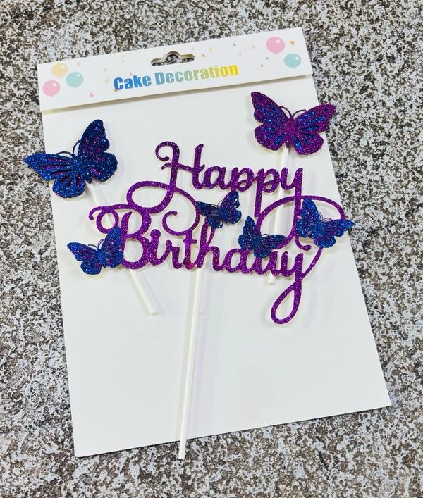 Happy Birthday Topper With Butterfly  - Pink, 3 Pc