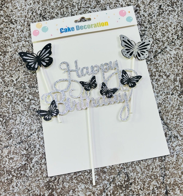 Happy Birthday Topper With Butterfly  - Silver, 3 Pcs