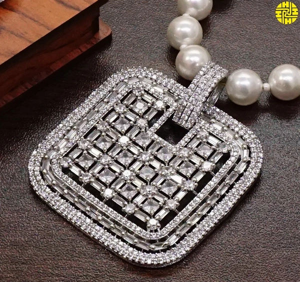 HJ Diamond Inspired Designer Pearl Pendant Set - F-317 - Pearl White, Rhodium Plating