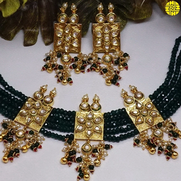 HJ Designer Choker Kundan Green Necklace Set - N-218gr - Green, Gold Plating