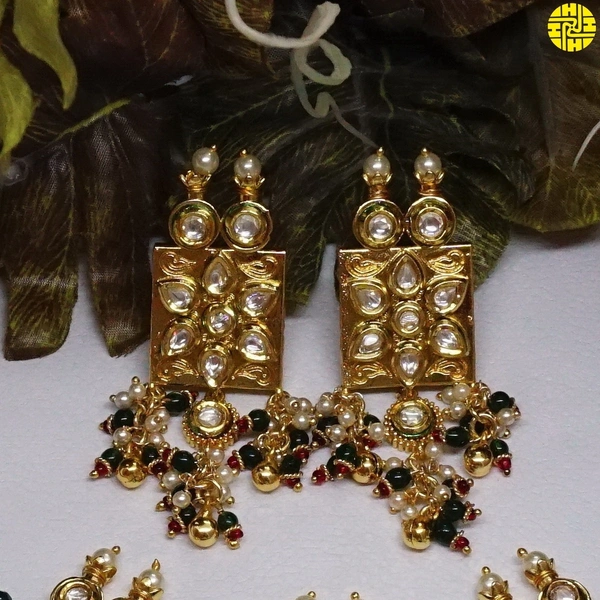 HJ Designer Choker Kundan Green Necklace Set - N-218gr - Green, Gold Plating
