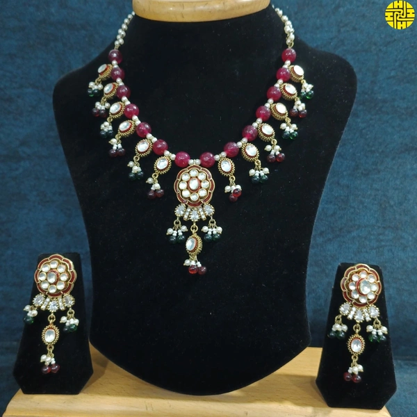 HJ Designer Cz Kundan Antique Look Multi Color Necklace Set - TN-123mn - Maroon, Antique Raw Finish