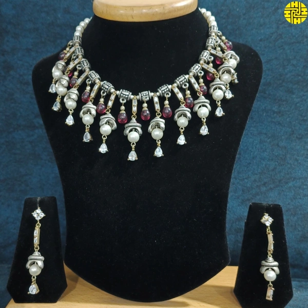 HJ Designer Antique Raw Finish Necklace Set - D-55ry - Maroon, Antique Raw Finish