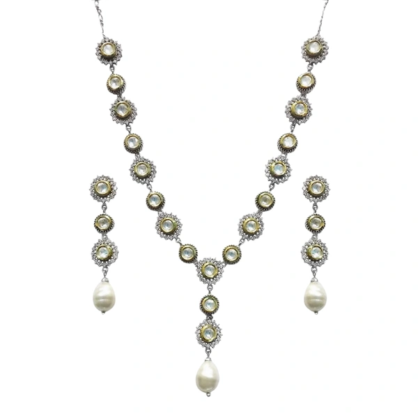 HJ Exquisite Cz Kundan White Necklace Set With Earrings - Hjs-685a - White, Rhodium Plating