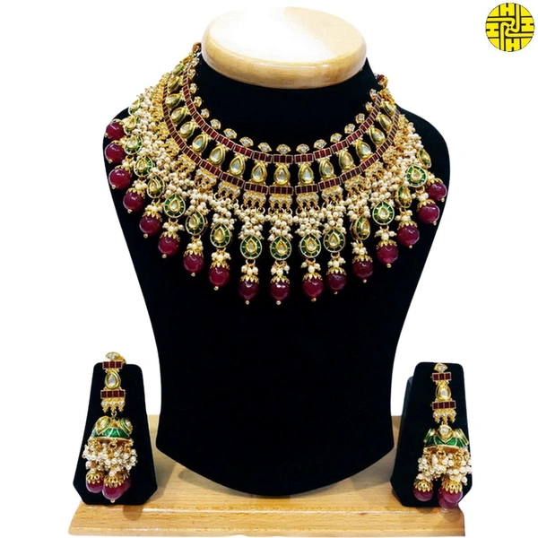 HJ Royal Look Multi Color Bridal Necklace Set - hjs-2201a - Multi, Gold Plating