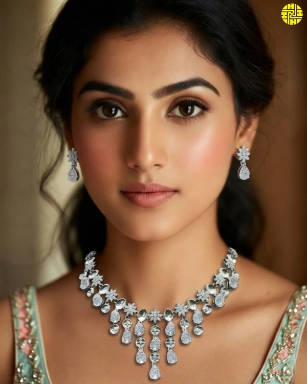 HJ Elegant Designer white Cz Necklace Set - Hnc-003a - White, Rhodium plating
