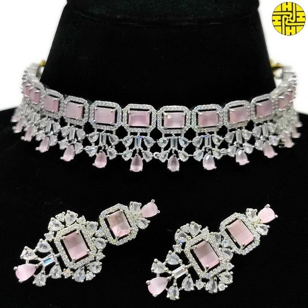 HJ Glamorous Choker Blue Cz Necklace Set - Hnc-019g - Blue, Rhodium Plating