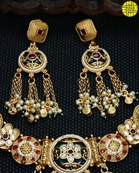 SM Designer Hanging Heritage Necklace Set - shn-86 - Multi, Antique Gold Polish