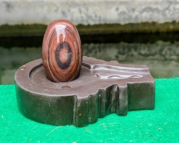 Spiritual Stone World 3 Inch Janeudhari Shivling with 6 Inch Base - 3 Inch Shivling, Narmadeshwar Shivling, 1.1KG