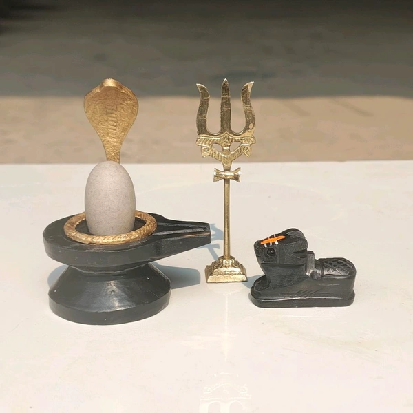 Spiritual Stone World Thumb Size Narmadeshwar For Home - Shivling with Nandi - Shivling With Nag Trisool Nandi