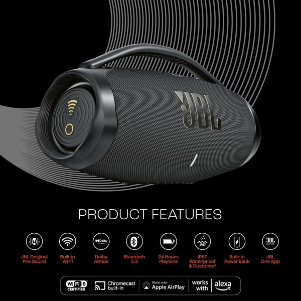 JBL Boombox3 WiFi, Deep Bass, 24H Playtime,BuiltIn Powerbank, IP67, Alexa 180 W Bluetooth Speaker (Black, Stereo Channel) - Black