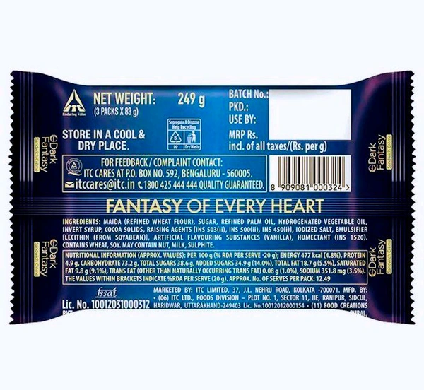 Sunfeast Dark Fantasy Vanilla Creme, 249g, Dark Crunchy Biscuit with Smooth Vanilla Creme