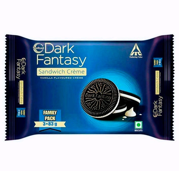 Sunfeast Dark Fantasy Vanilla Creme, 249g, Dark Crunchy Biscuit with Smooth Vanilla Creme