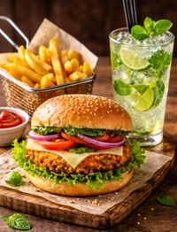 Aloo Tikka Burger+Fries +Virgin Mojito
