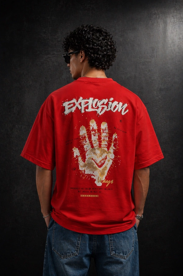 Storm Valor Red "Explosion" Oversized T-Shirt - 240 GSM Heavyweight French Terry - Bio-Washed 100% Pure Cotton Urban Graphic Tee. - M, Red