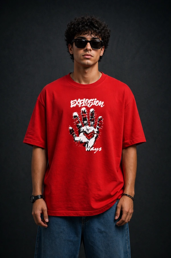 Storm Valor Red "Explosion" Oversized T-Shirt - 240 GSM Heavyweight French Terry - Bio-Washed 100% Pure Cotton Urban Graphic Tee. - M, Red