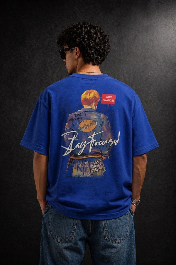 Storm Valor Royal Blue Oversized T-Shirt - 240 GSM Heavyweight French Terry - Gold-Washed "Stay Focused" Urban Streetwear Graphic Tee. - L, Blue