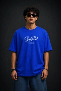 Storm Valor Royal Blue Oversized T-Shirt - 240 GSM Heavyweight French Terry - Gold-Washed "Stay Focused" Urban Streetwear Graphic Tee. - L, Blue