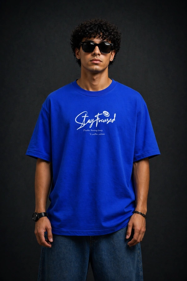 Storm Valor Royal Blue Oversized T-Shirt - 240 GSM Heavyweight French Terry - Gold-Washed "Stay Focused" Urban Streetwear Graphic Tee. - L, Blue