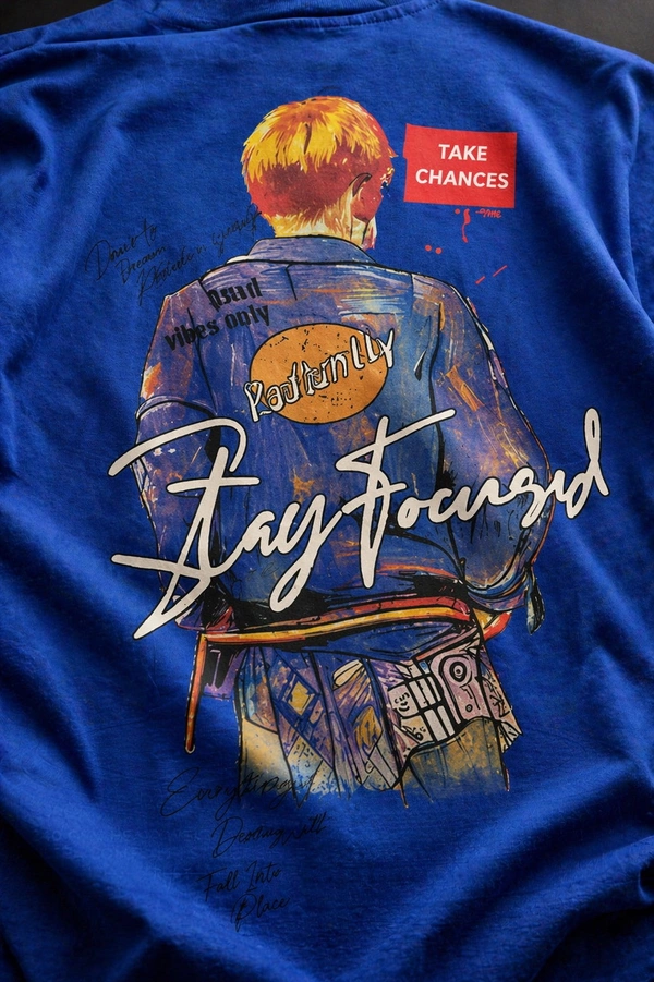 Storm Valor Royal Blue Oversized T-Shirt - 240 GSM Heavyweight French Terry - Gold-Washed "Stay Focused" Urban Streetwear Graphic Tee. - L, Blue
