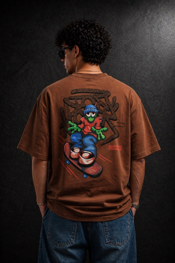 Storm Valor Brown Skater Graphic Oversized T-Shirt - 240 GSM French Terry Cotton - Gold-Washed Premium Streetwear Loose Fit Tee. - XL, Brown