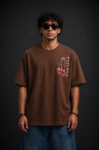 Storm Valor Brown Skater Graphic Oversized T-Shirt - 240 GSM French Terry Cotton - Gold-Washed Premium Streetwear Loose Fit Tee. - XL, Brown