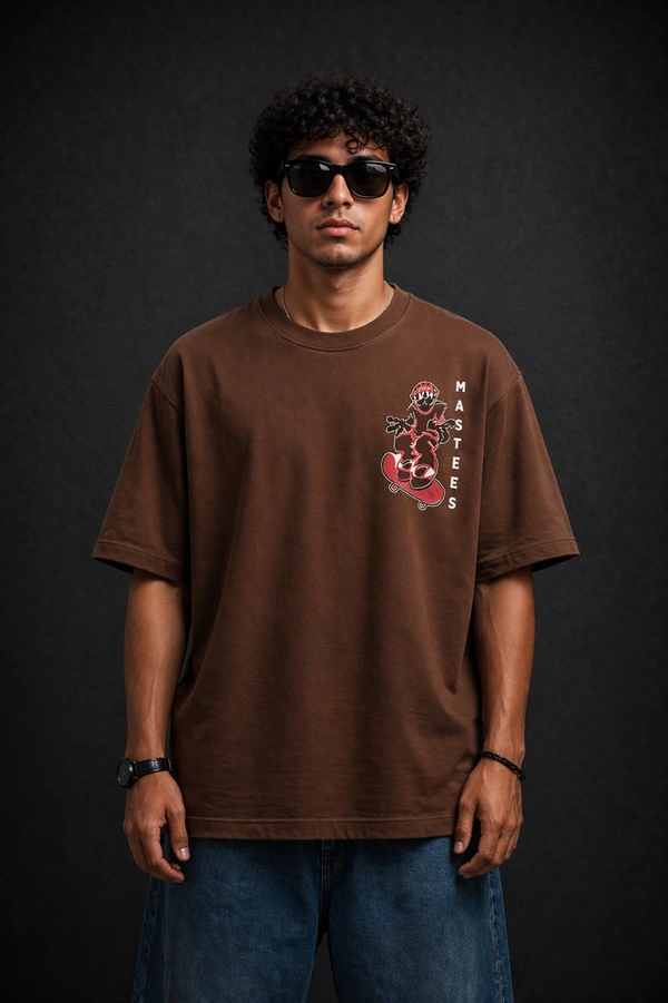 Storm Valor Brown Skater Graphic Oversized T-Shirt - 240 GSM French Terry Cotton - Gold-Washed Premium Streetwear Loose Fit Tee. - XL, Brown