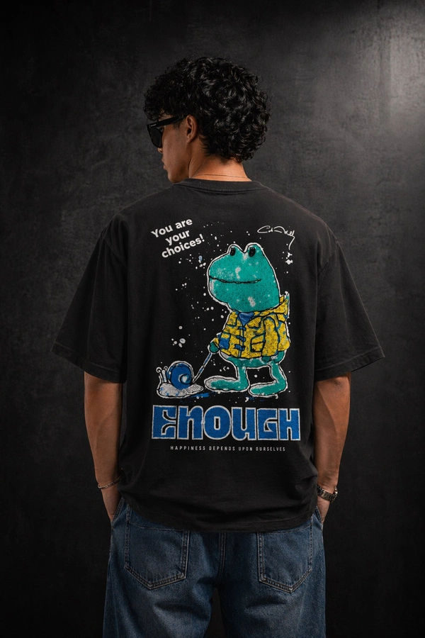 Storm Valor Men's 240 GSM Black Oversized T-Shirt - Premium French Terry 100% Pure Cotton - Bio-Wash Frog Graphic Streetwear Tee. - XL, Black