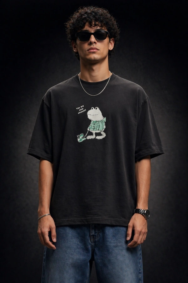 Storm Valor Men's 240 GSM Black Oversized T-Shirt - Premium French Terry 100% Pure Cotton - Bio-Wash Frog Graphic Streetwear Tee. - XL, Black
