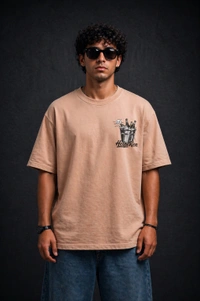 Storm Valor Beige Beer Bucket Graphic Oversized T-Shirt - 240 GSM 100% Cotton French Terry - Gold-Washed Premium Streetwear Tee. - L, Beige