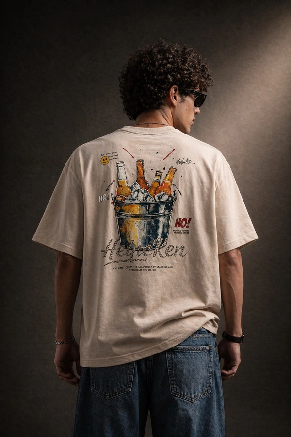 Storm Valor Beige Beer Bucket Graphic Oversized T-Shirt - 240 GSM 100% Cotton French Terry - Gold-Washed Premium Streetwear Tee. - XL, Beige