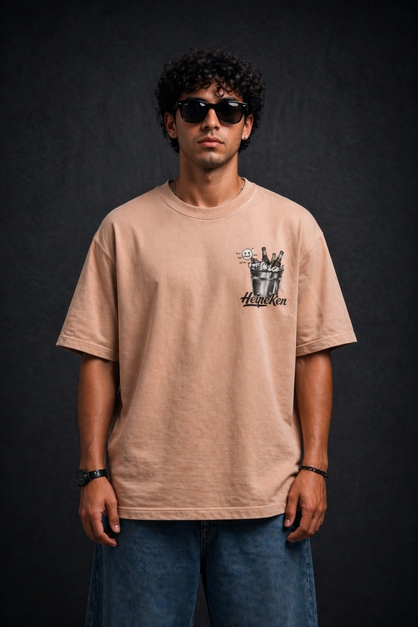 Storm Valor Beige Beer Bucket Graphic Oversized T-Shirt - 240 GSM 100% Cotton French Terry - Gold-Washed Premium Streetwear Tee. - XL, Beige