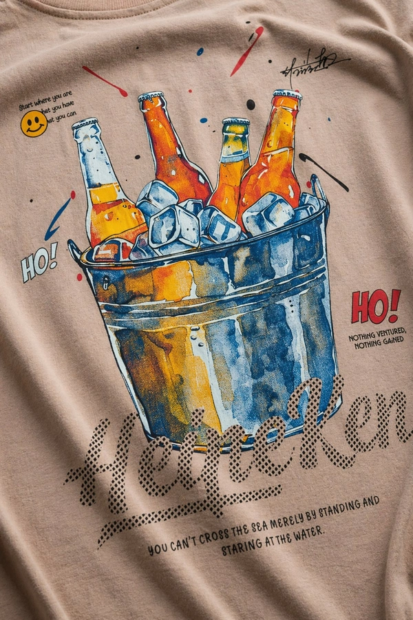 Storm Valor Beige Beer Bucket Graphic Oversized T-Shirt - 240 GSM 100% Cotton French Terry - Gold-Washed Premium Streetwear Tee. - XL, Beige