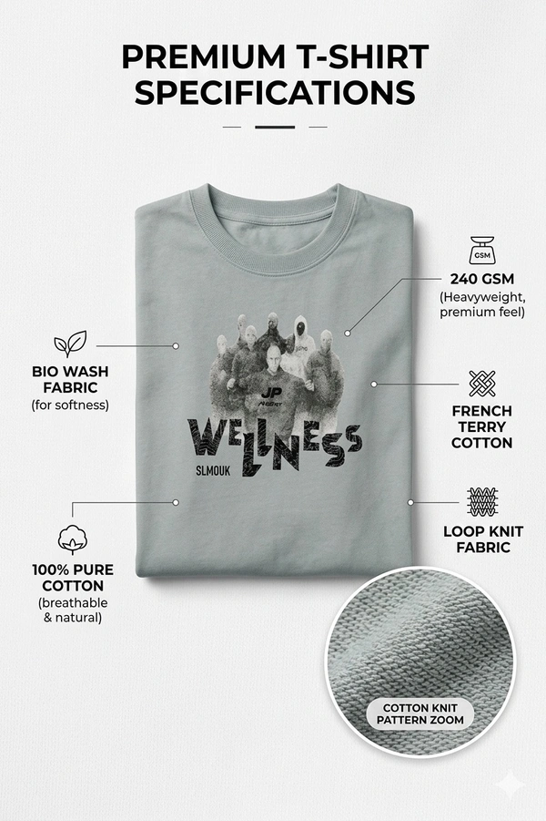 Storm Valor Grey "Wellness Club" Oversized Tee - 240 GSM 100% Pure Cotton French Terry - Premium Bio-Washed Streetwear Collection. - XL, Grey