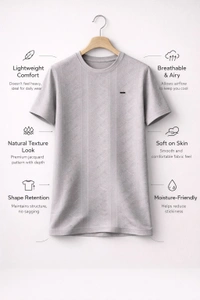 Storm Valor Mauve Jacquard Textured T-Shirt | Premium 200 GSM Cotton Blend | Elegant Woven Pattern Men's Tee - L, Purple