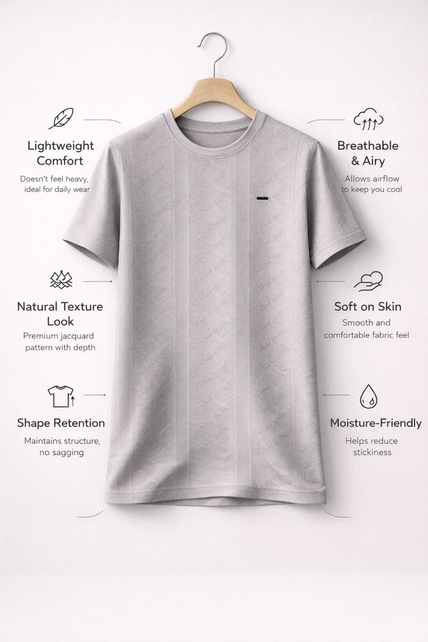 Storm Valor Mauve Jacquard Textured T-Shirt | Premium 200 GSM Cotton Blend | Elegant Woven Pattern Men's Tee - L, Purple