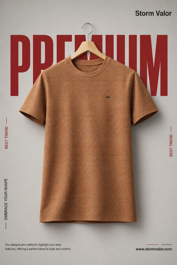 Storm Valor Rust Brown Jacquard Textured Tee | 200 GSM Breathable Fabric | Men�s Premium Cotton Blend Streetwear - L, Brown