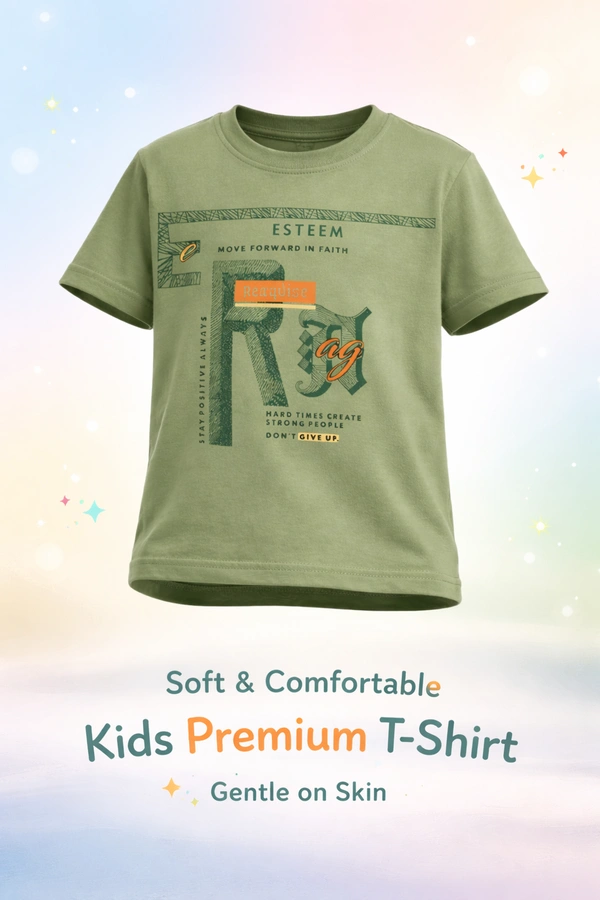 Storm Valor Boys 100% Pure Cotton Bio-Washed Olive Green T-Shirt - Esteem Print - 1-2 Years, Olive