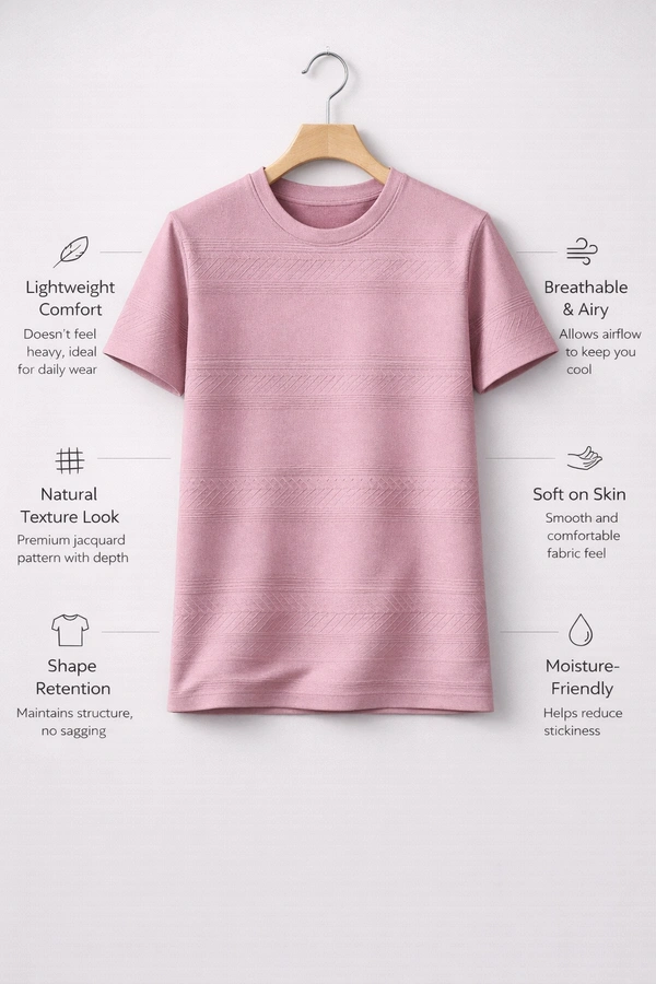 Storm Valor Dusty Pink Jacquard Textured T-Shirt | 200 GSM Soft Cotton Blend | Premium Woven Design Streetwear Tee - L, Pink
