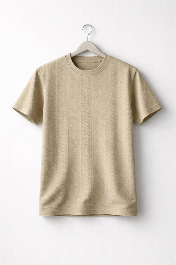 Storm Valor Men's Beige Jacquard Weave T-Shirt | 200 GSM Premium Cotton Blend | Textured Slim Fit Crew Neck Tee - XS, Beige