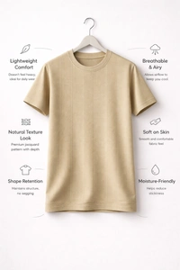 Storm Valor Men's Beige Jacquard Weave T-Shirt | 200 GSM Premium Cotton Blend | Textured Slim Fit Crew Neck Tee - XS, Beige