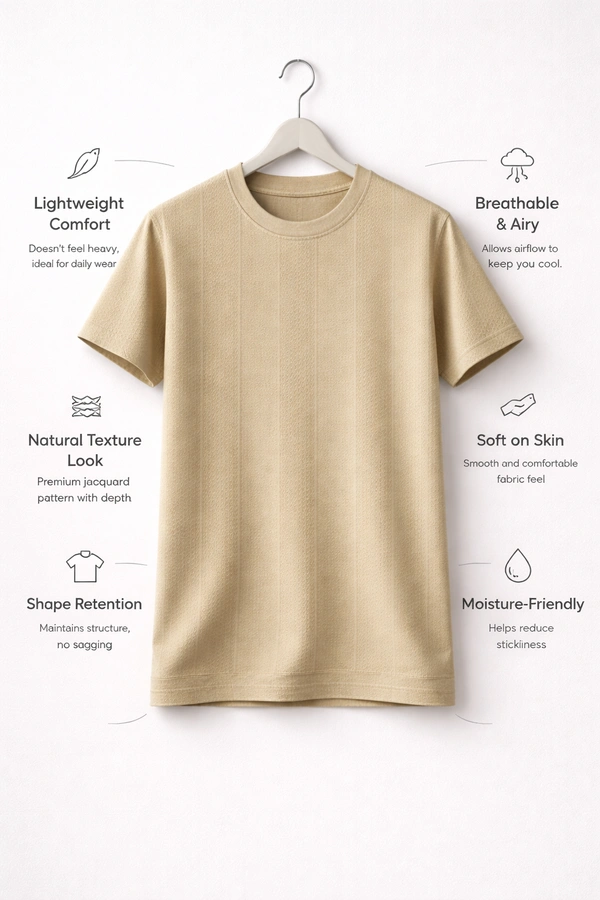 Storm Valor Men's Beige Jacquard Weave T-Shirt | 200 GSM Premium Cotton Blend | Textured Slim Fit Crew Neck Tee - XS, Beige