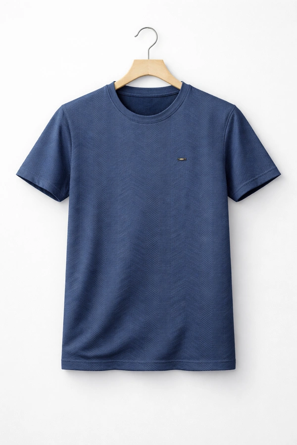 Storm Valor Navy Blue Jacquard Weave Tee | 200 GSM High-Density Fabric | Textured Cotton Blend Premium T-Shirt - L, Blue