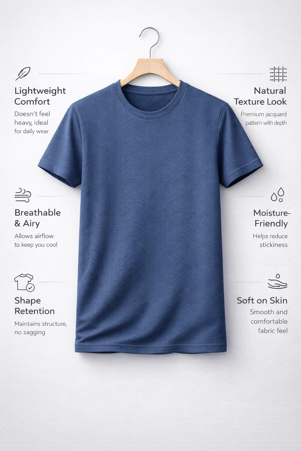 Storm Valor Navy Blue Jacquard Weave Tee | 200 GSM High-Density Fabric | Textured Cotton Blend Premium T-Shirt - L, Blue