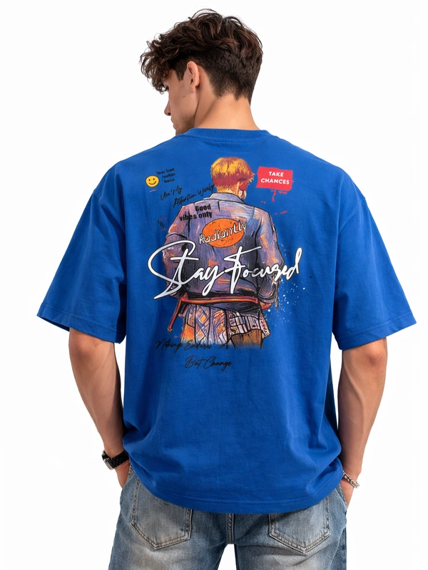 Storm Valor Royal Blue Oversized T-Shirt - 240 GSM Heavyweight French Terry - Gold-Washed "Stay Focused" Urban Streetwear Graphic Tee. - L, Blue