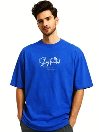 Storm Valor Royal Blue Oversized T-Shirt - 240 GSM Heavyweight French Terry - Gold-Washed "Stay Focused" Urban Streetwear Graphic Tee. - L, Blue