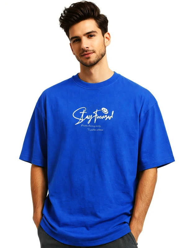 Storm Valor Royal Blue Oversized T-Shirt - 240 GSM Heavyweight French Terry - Gold-Washed "Stay Focused" Urban Streetwear Graphic Tee. - L, Blue
