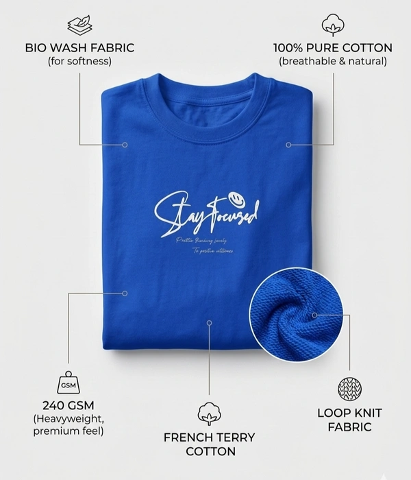 Storm Valor Royal Blue Oversized T-Shirt - 240 GSM Heavyweight French Terry - Gold-Washed "Stay Focused" Urban Streetwear Graphic Tee. - L, Blue